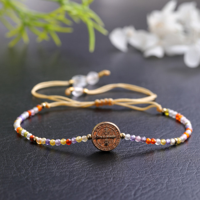 Colorful Natural Stone Bracelet Cross Element Vintage Niche Faith Protection Handmade Woven Bracelet for Street Selling