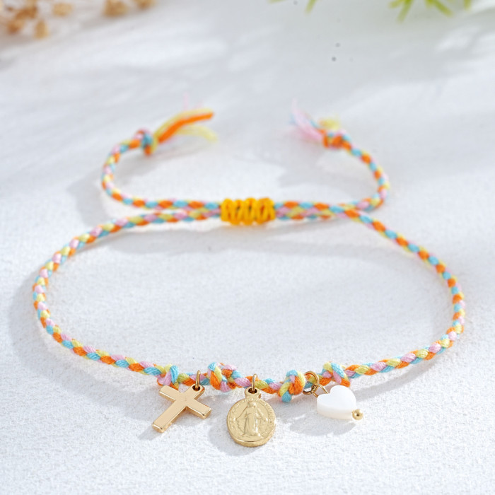 Ins Style Red Lucky Handmade Woven Rope Bracelet Religious Cross Virgin Mary Heart Couple Gift