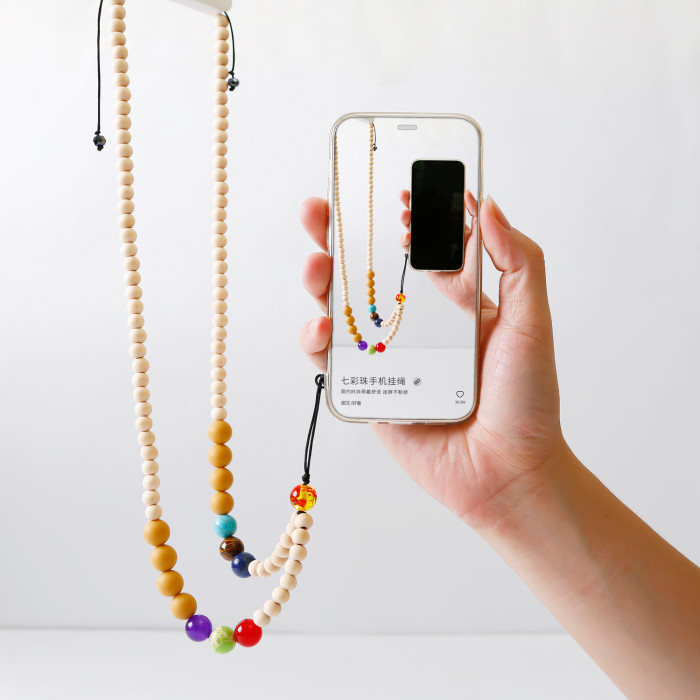 Handmade Wooden Beads Silicone Stone Neck Hanging Necklace Wrist Phone Tag INS Style Hanging Rope Pendant Natural INS...