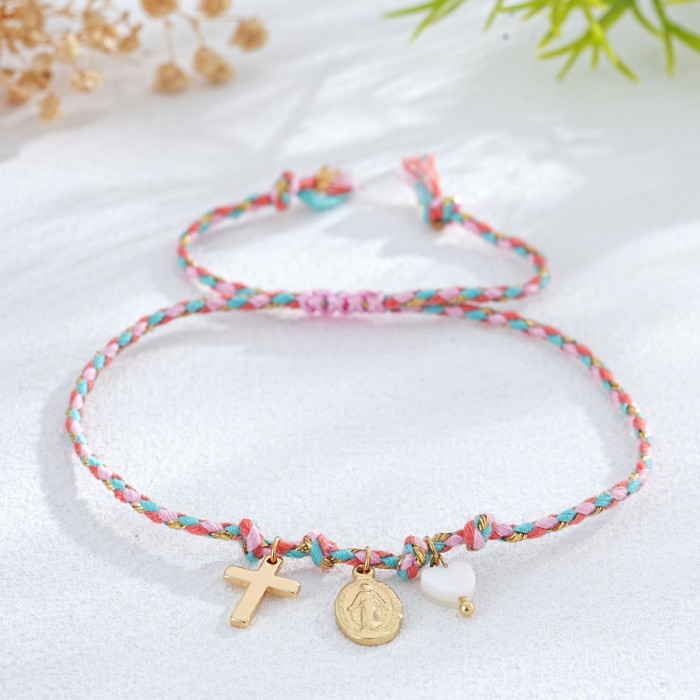Ins Style Red Lucky Handmade Woven Rope Bracelet Religious Cross Virgin Mary Heart Couple Gift