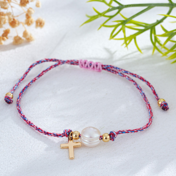 Vintage Punch Pearl Cross Bracelet Red and White Flat Cotton Rope Weaving Niche Design Sense Daily Hand Accessories