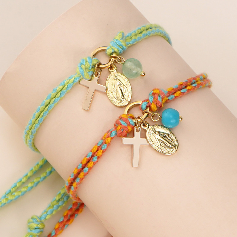 Summer Hot Sale Colorful Rope Cross Bracelet Exquisite Gold Medal Virgin Mary Light Luxury Versatile INS Style Bracelet