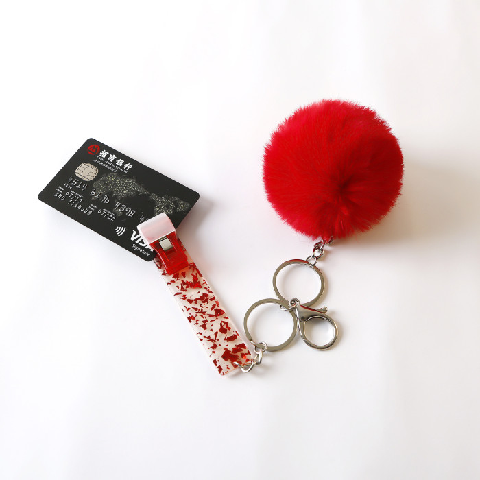 Contactless Bank Card Reader Protector Long Nail Card Holder Keychain Women Acrylic Pom Pom Key Ring Pendant