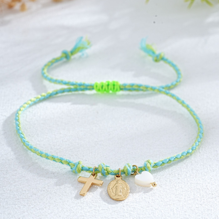 Ins Style Red Lucky Handmade Woven Rope Bracelet Religious Cross Virgin Mary Heart Couple Gift