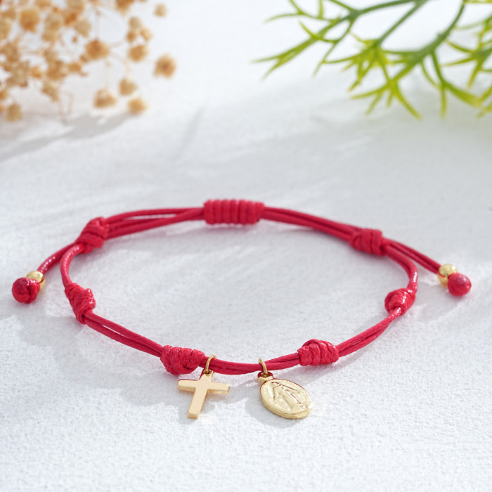 2025 New Red Rope Woven Bracelet Summer Cross Virgin Mary Pendant Handmade Woven Jewelry Hand Accessories Hot Item, N...