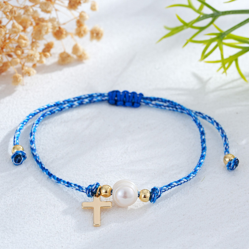 Cross-Border Hot Item Colorful Rope Woven Pearl Bracelet Cross Gold Bead Embellishment European and American Religious Style Jewelry Wholesale