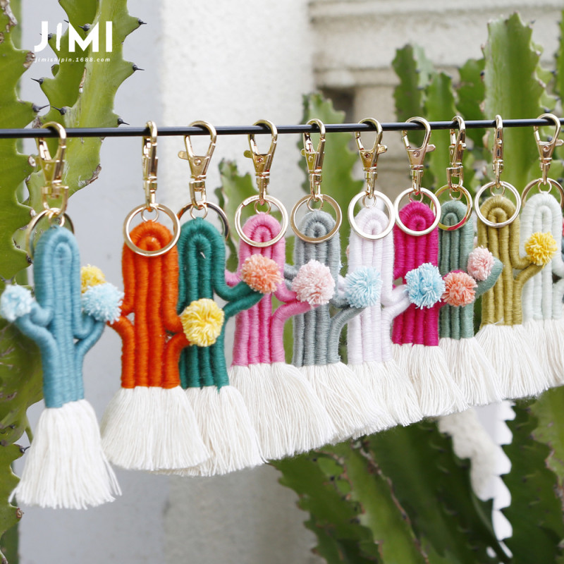 Hand-woven Cactus Keychain Bohemian Botanical Flower Tassel Bag Pendant for Women Original Design