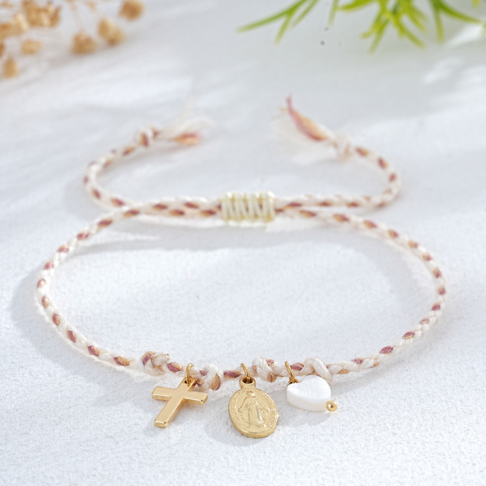 Ins Style Red Lucky Handmade Woven Rope Bracelet Religious Cross Virgin Mary Heart Couple Gift