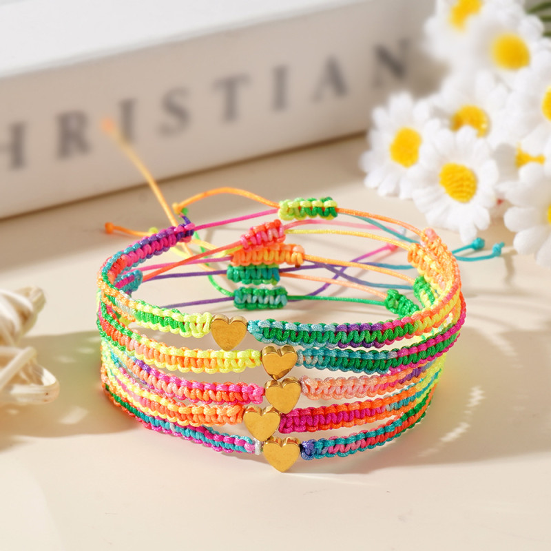 Rainbow Gradient Colorful Rope Woven Children's Bracelet Ins Summer Dopamine Personality Fashion Heart Bracelet Wholesale