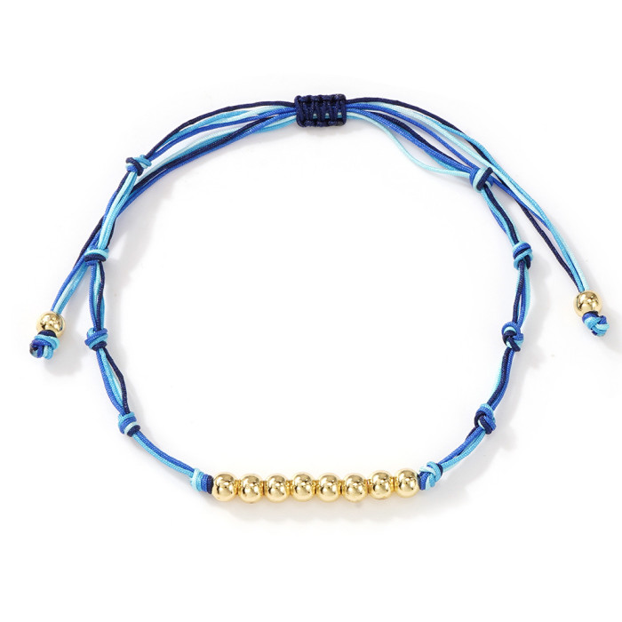 Gradient Blue Braided Rope Metal Copper Bead Bracelet Mixed Color Knotting Ins Style Handmade Adjustable Best Friend Couple Bracelet