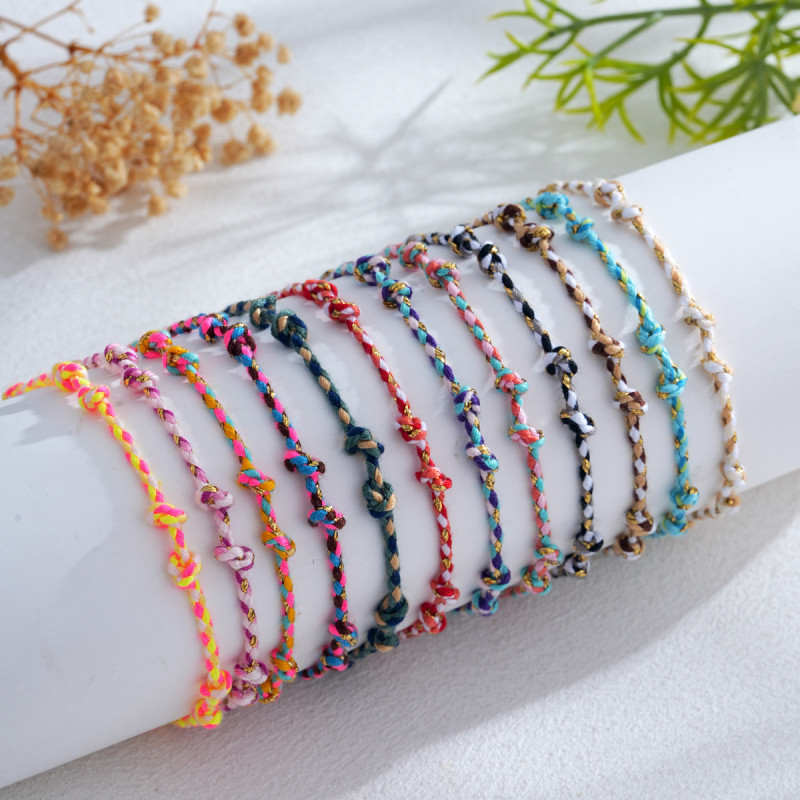 Cross-Border Hot-Selling Pink and Purple Braided Rope Bracelet Handmade with Gold Embellishments Bohemian Style Hand-Woven Bracelet