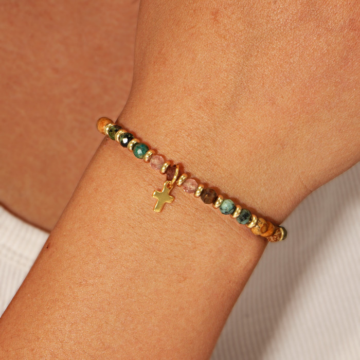 Vintage Ethnic Style Cross Natural Stone Bracelet Cross-Border Hot-Selling Gold Bead Spacer Beaded Bracelet for Men In Stock Wholesale