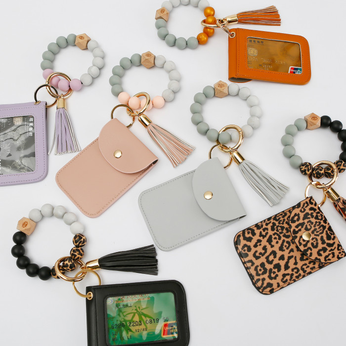 Amazon Tassel Silicone Wrist Keychain European and American Beech Wood Leopard Print Card Holder Coin Purse Bracelet Key Ring