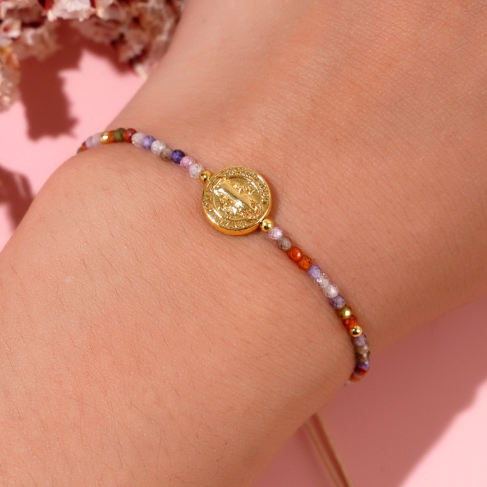 Colorful Natural Stone Bracelet Cross Element Vintage Niche Faith Protection Handmade Woven Bracelet for Street Selling