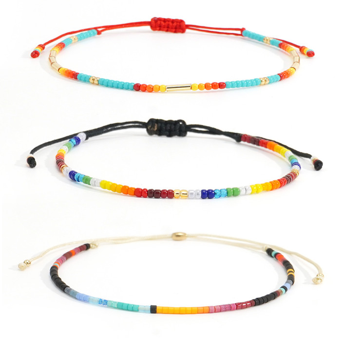 Summer Hot-Selling Adjustable Rainbow Bead Bracelet Multi-Color Bead String + Elegant Gold Bead Fresh Forest Style Set