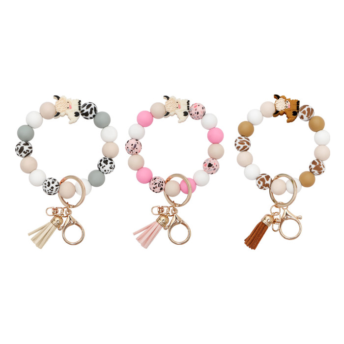 Amazon Hot-Selling Cartoon Cute Highland Cow Handmade Beaded Food-Grade Silicone Tassel Wrist Keychain