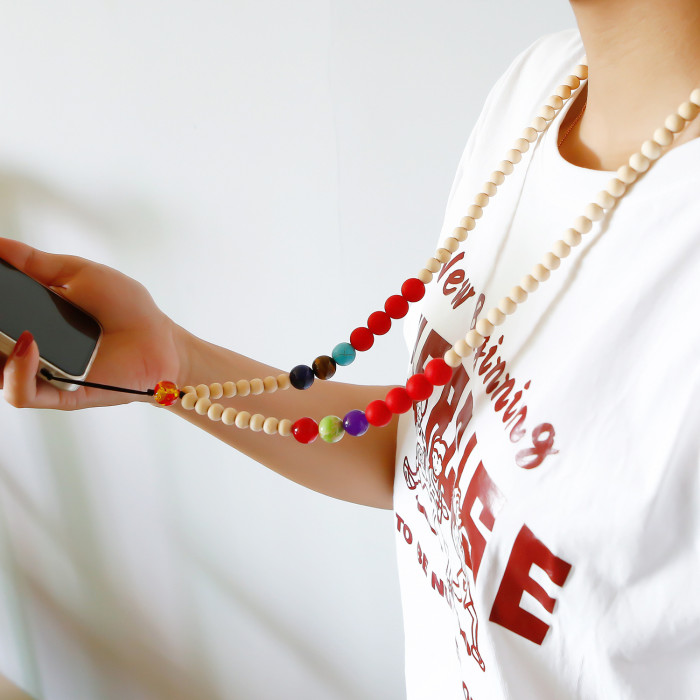 Handmade Wooden Beads Silicone Stone Neck Hanging Necklace Wrist Phone Tag INS Style Hanging Rope Pendant Natural INS...
