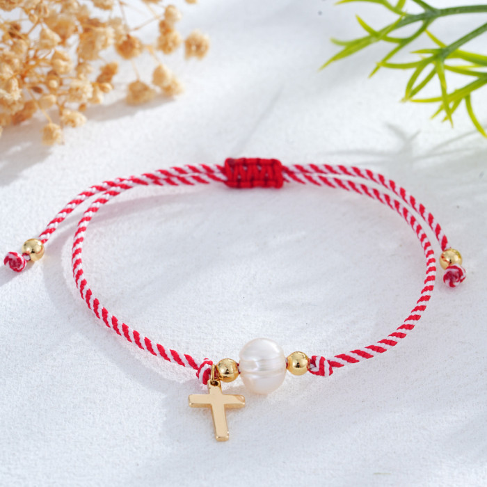 Vintage Punch Pearl Cross Bracelet Red and White Flat Cotton Rope Weaving Niche Design Sense Daily Hand Accessories