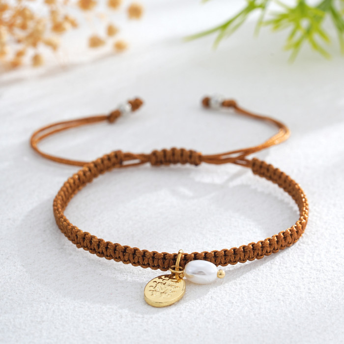 New Hot-Selling Multi-Color Rope Braided Bracelet with Metal Tag and Pearl Fashion Versatile Bracelet Bestseller for...