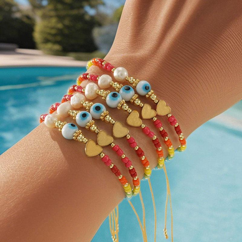 Light Luxury High-End Rainbow Bracelet White Glass Beads Pearl Devil's Eye Metal Heart Women's Choice