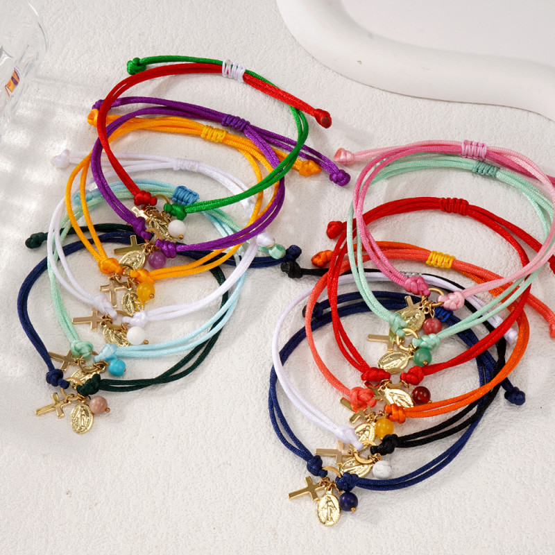 2025 New European and American Style Colorful Red Rope Cross Bracelet Religious Saint Pendant Handmade Adjustable Bracelet