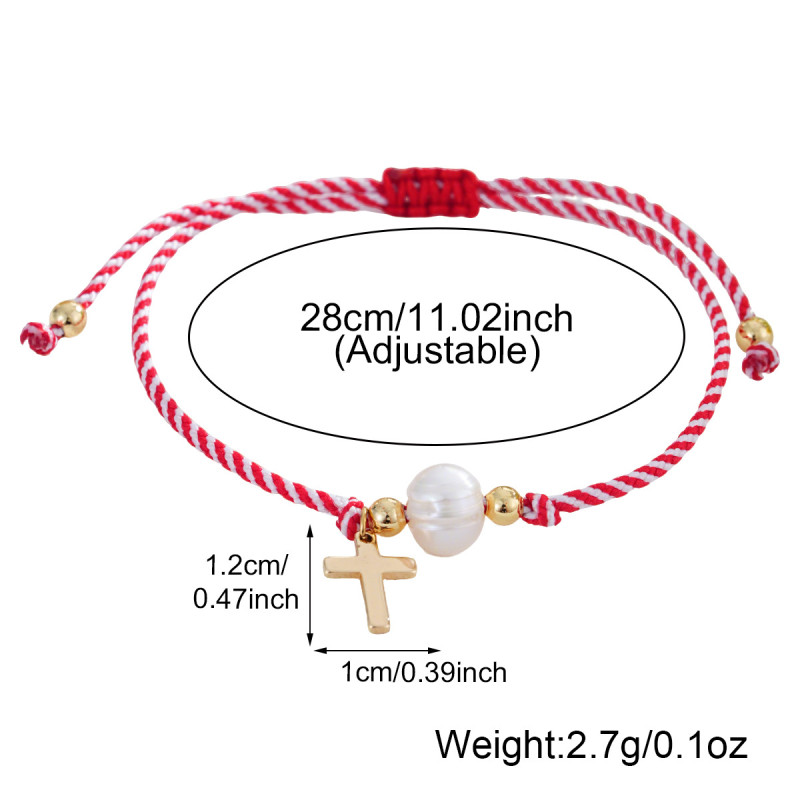 Vintage Punch Pearl Cross Bracelet Red and White Flat Cotton Rope Weaving Niche Design Sense Daily Hand Accessories