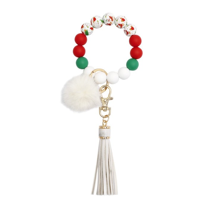Amazon European and American Hot-Selling Silicone Wrist Keychain Handmade Beaded Leather Tassel Bracelet Keychain Wholesale