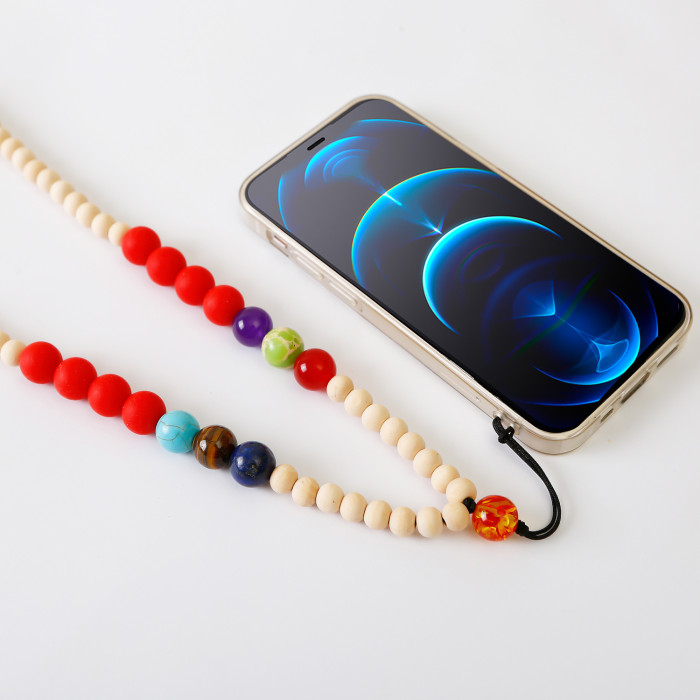 Handmade Wooden Beads Silicone Stone Neck Hanging Necklace Wrist Phone Tag INS Style Hanging Rope Pendant Natural INS...