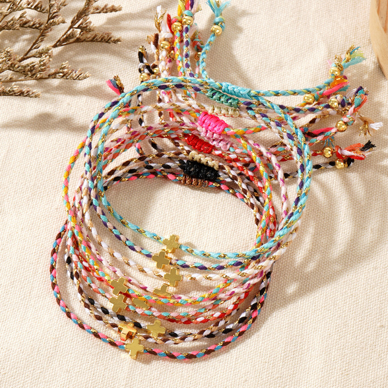 Dragon Boat Festival Handmade Braided Color Rope Bracelet Four Colors Good Luck Copper Cross Cotton Rope Hand Ornament Stall Wholesale Bracelet