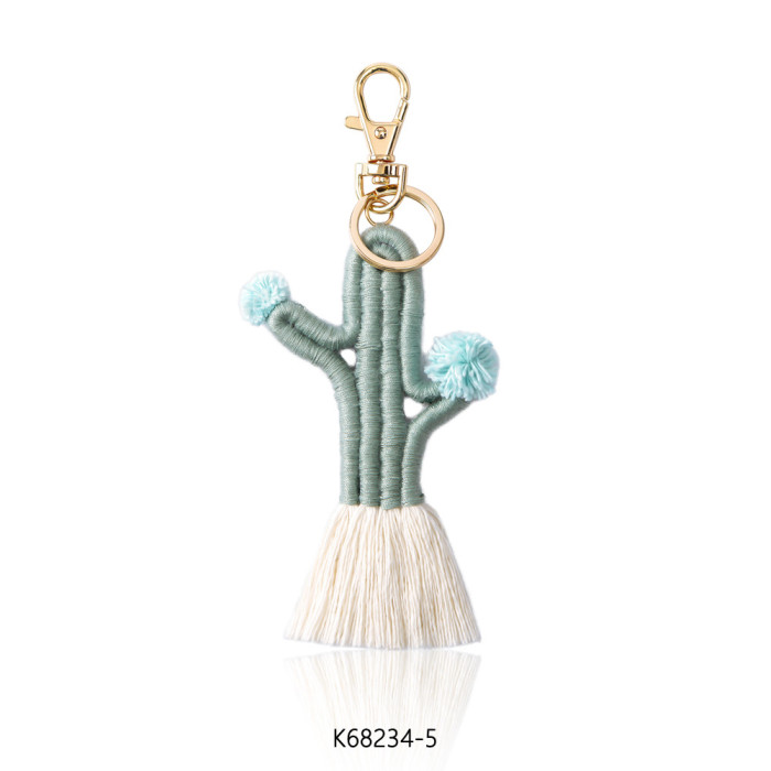 Hand-woven Cactus Keychain Bohemian Botanical Flower Tassel Bag Pendant for Women Original Design