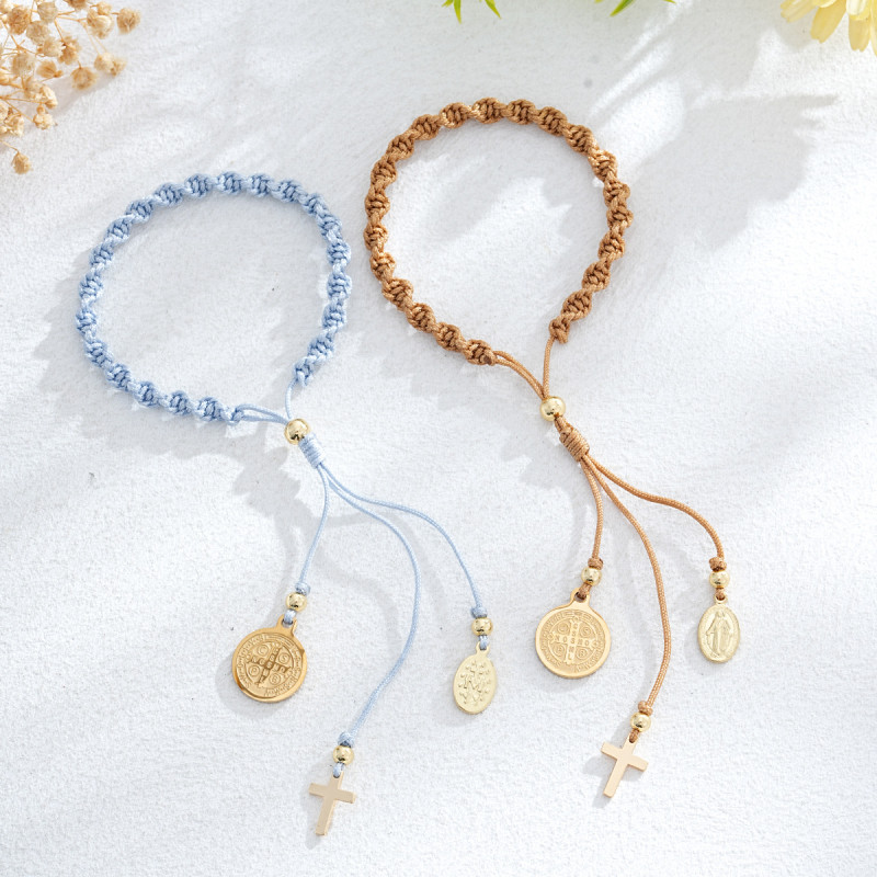 New Handmade Deep Khaki Bracelet with Cross Double Tag Metal Copper Beads Niche INS Style Cross-Border Bracelet