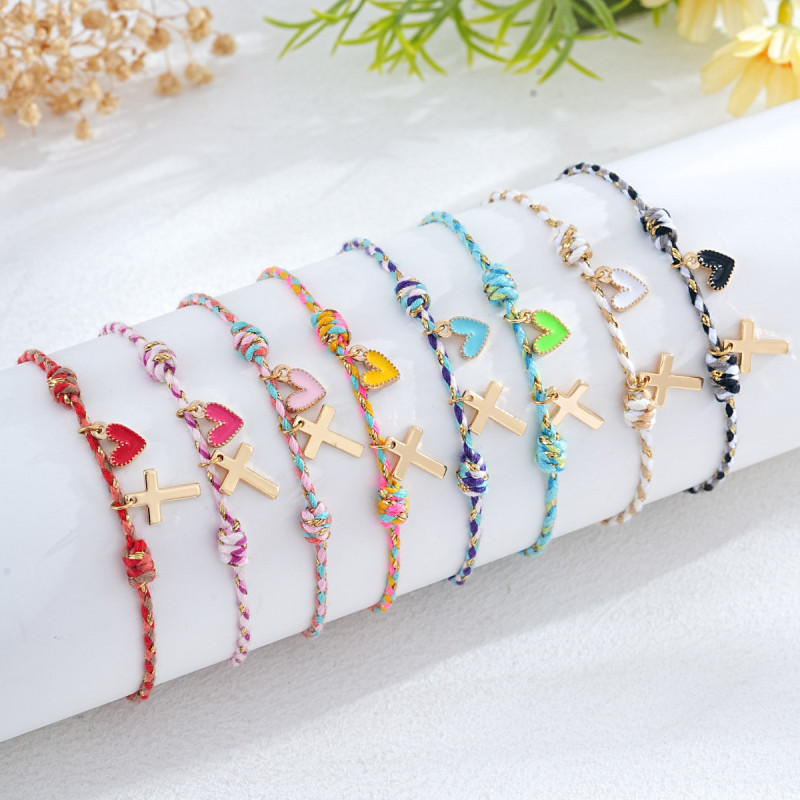 INS Hot-Selling Cross-Border Rainbow Braided Bracelet with Gold Cross and Heart Pendant Versatile Bracelet for Women