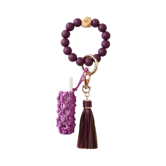 Amazon European and American Hot-Selling Silicone Wrist Keychain Handmade Beaded Leather Tassel Bracelet Keychain Wholesale