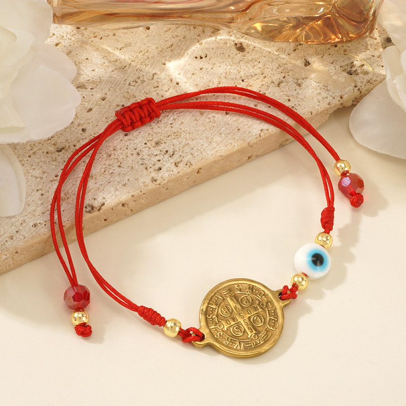 Handmade New Red Rope Bracelet Lns Style Gold Beads Cross Demon Eye Religious Artistic Bracelet