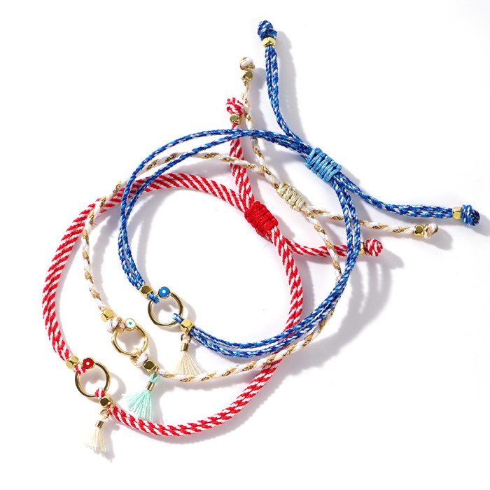 Exclusive Original Design Circle Eye Gold Square Bead Small Tassel Three-Piece Bracelet Set Woven Bracelet