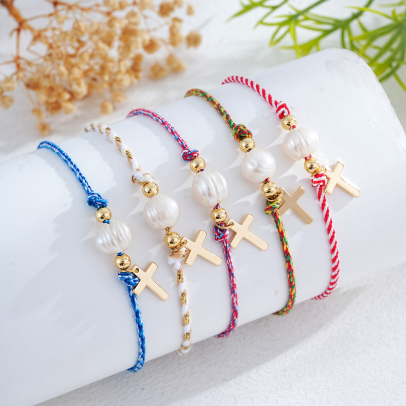 Cross-Border Hot Item Colorful Rope Woven Pearl Bracelet Cross Gold Bead Embellishment European and American Religious Style Jewelry Wholesale