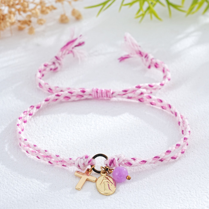 Summer Hot Sale Colorful Rope Cross Bracelet Exquisite Gold Medal Virgin Mary Light Luxury Versatile INS Style Bracelet