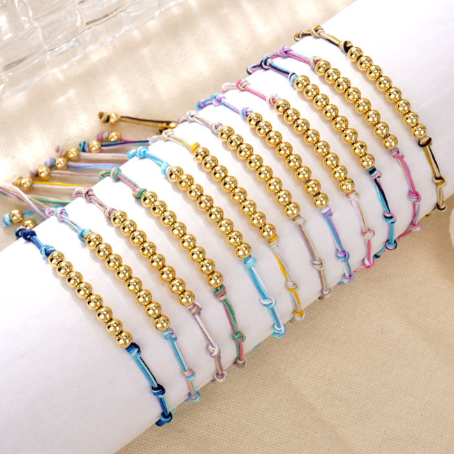Gradient Blue Braided Rope Metal Copper Bead Bracelet Mixed Color Knotting Ins Style Handmade Adjustable Best Friend Couple Bracelet
