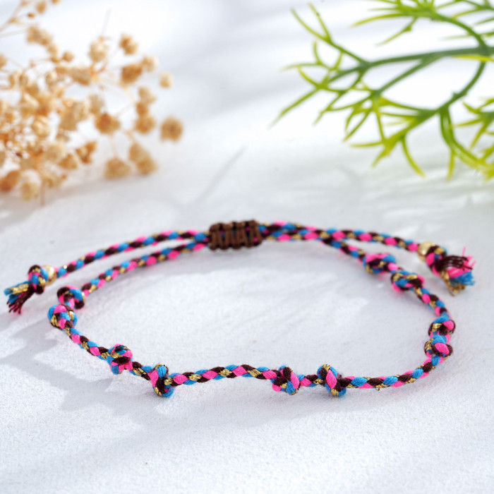 Hot-Selling Pink and Purple Braided Rope Bracelet Handmade with Gold Embellishments Bohemian Style Hand-Woven Bracelet