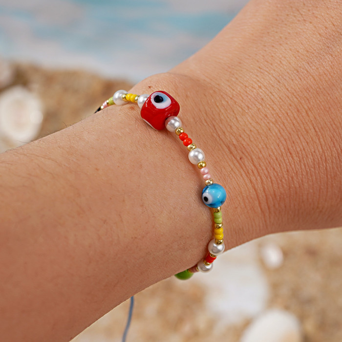 Summer New Colorful Rice Beads Imitation Pearl Devil's Eye Bracelet Exquisite Trendy Light Luxury Essential