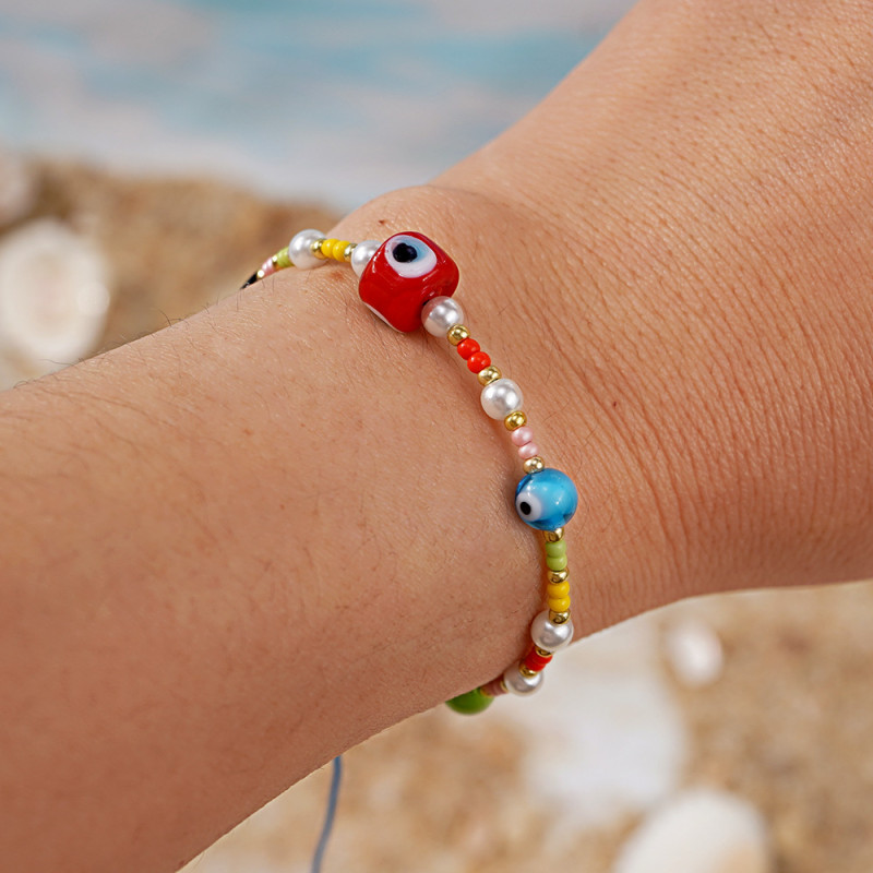 Summer New Colorful Rice Beads Imitation Pearl Devil's Eye Bracelet Exquisite Trendy Light Luxury Essential