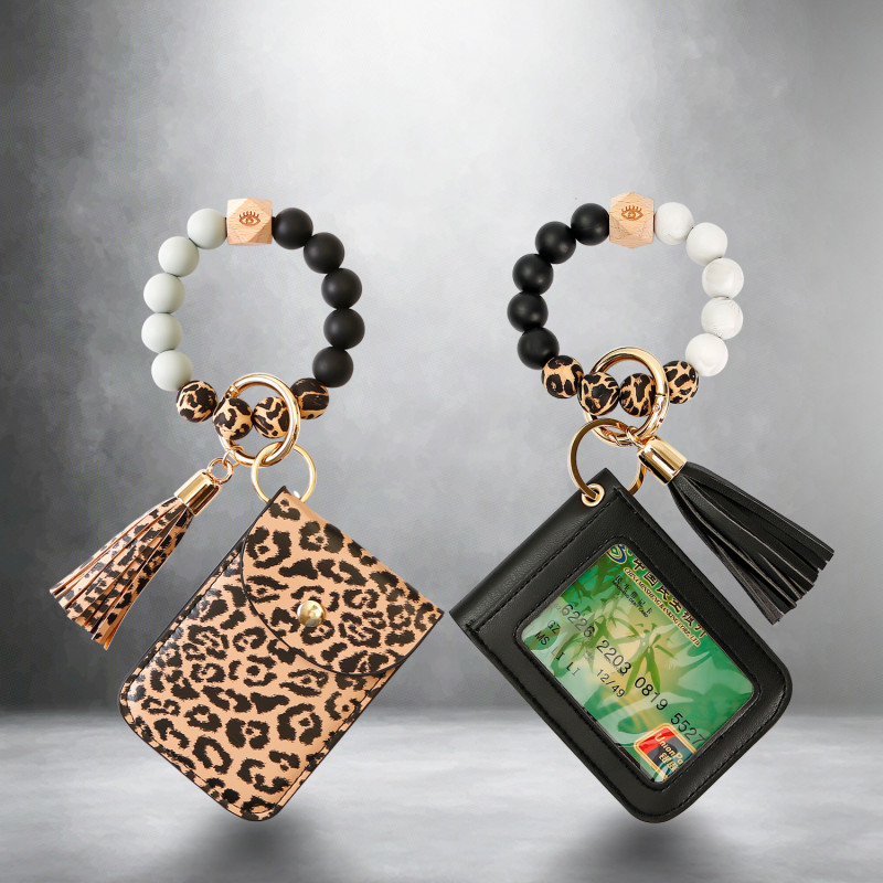 Amazon Tassel Silicone Wrist Keychain European and American Beech Wood Leopard Print Card Holder Coin Purse Bracelet Key Ring