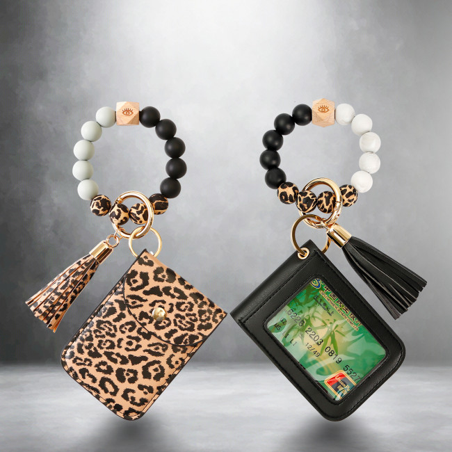 Amazon Tassel Silicone Wrist Keychain European and American Beech Wood Leopard Print Card Holder Coin Purse Bracelet Key Ring