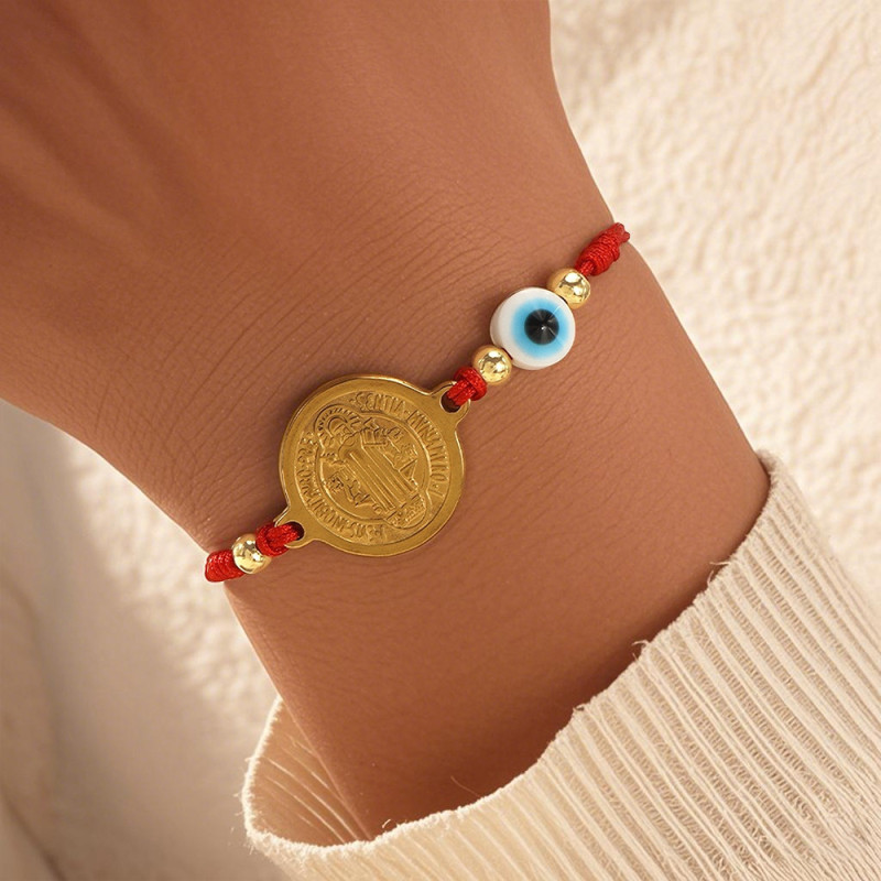 Handmade New Red Rope Bracelet Lns Style Gold Beads Cross Demon Eye Religious Artistic Bracelet