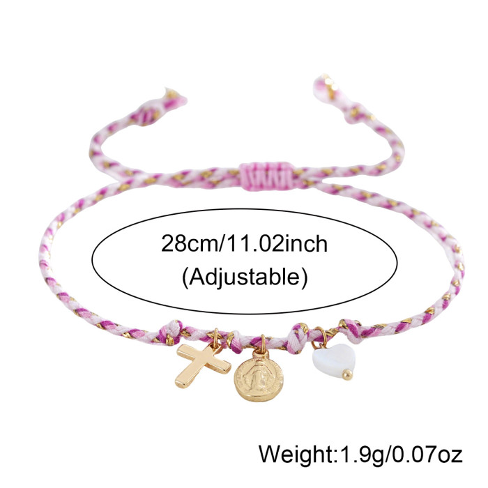Ins Style Red Lucky Handmade Woven Rope Bracelet Religious Cross Virgin Mary Heart Couple Gift