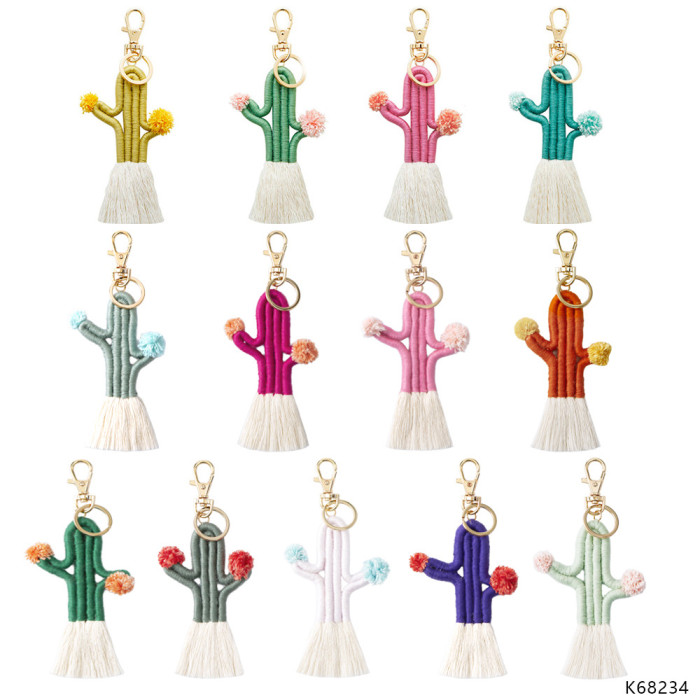 Hand-woven Cactus Keychain Bohemian Botanical Flower Tassel Bag Pendant for Women Original Design