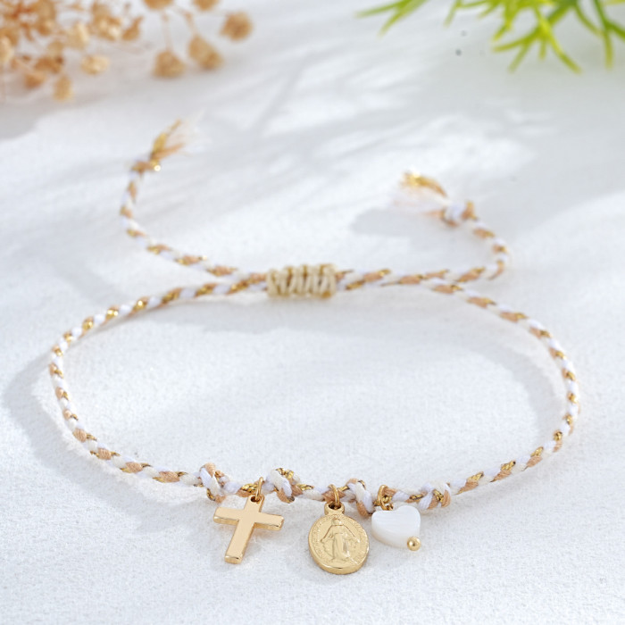 Ins Style Red Lucky Handmade Woven Rope Bracelet Religious Cross Virgin Mary Heart Couple Gift