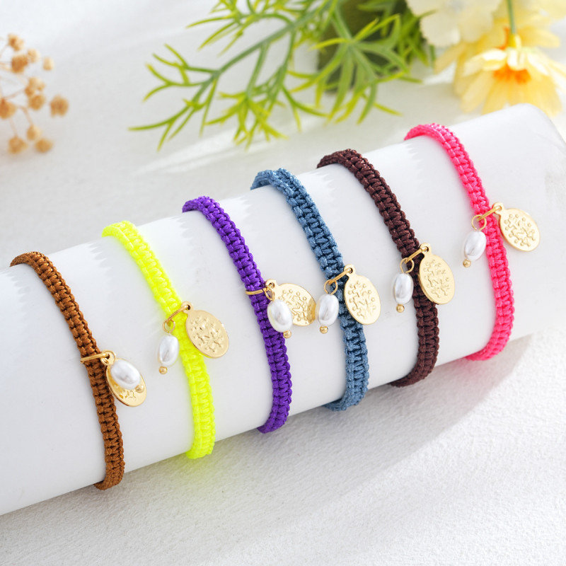 New Hot-Selling Multi-Color Rope Braided Bracelet with Metal Tag and Pearl Fashion Versatile Cross-Border Bracelet Bestseller for Women