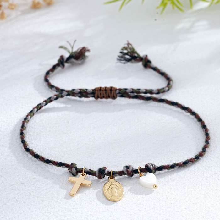 Ins Style Red Lucky Handmade Woven Rope Bracelet Religious Cross Virgin Mary Heart Couple Gift