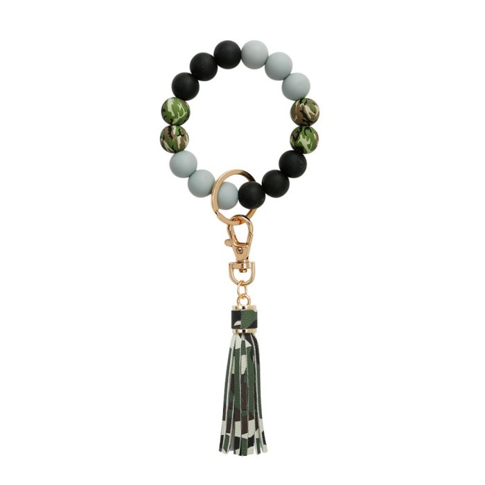 Amazon European and American Hot-Selling Silicone Wrist Keychain Handmade Beaded Leather Tassel Bracelet Keychain Wholesale